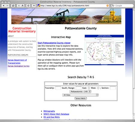 Main page for Pottawatomie County; has links to interactive map, data query, and other resources.