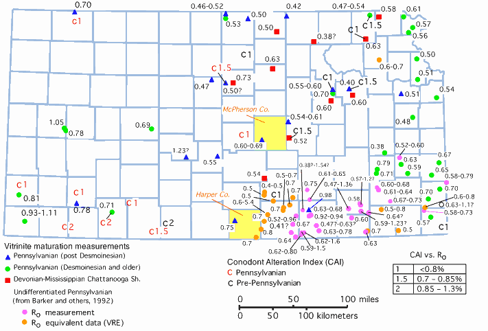 Map of Kansas showing all thermal maturation data.