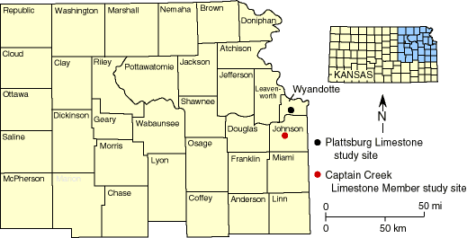 Study sites are in Johnson and Wyandotte counties in eastern Kansas.