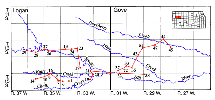 Logan and Gove in northwestern Kansas; red sections run mostly east-west