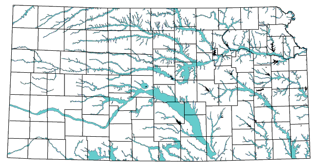 Map shows alluvial aquifers across Kansas, aligned with river and streams