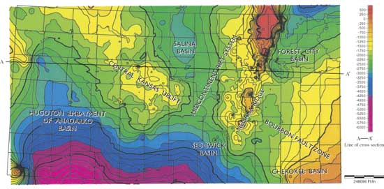 Deepest part of Precambrian is in Southwest Kansas; highs just East of North-central Kansas