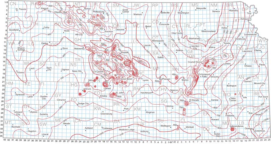 Contour map of Arbuckle; thickens generally from North (absent in some areas) to South (1100 feet)