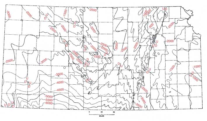 Contour map of Precambrian surface; deepens towards southwest; highs in Nemaha and Marshall