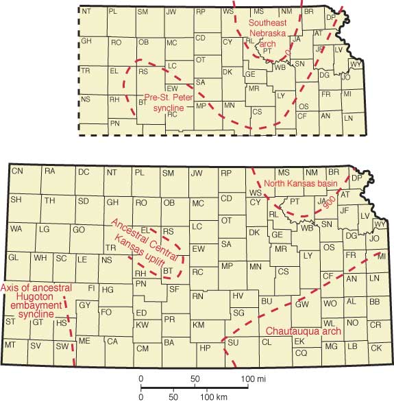 Two maps of Kansas showing large-scale features; Arbuckle map shows Chautauqua arch in southeast; north Kansas basin in Marshall, Nemaha, and Pottawatomie; Ancestral Central Kansas uplift.