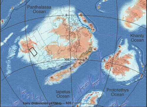 Part of globe showing Early Ordovician; Kansas covered by shallow sea.