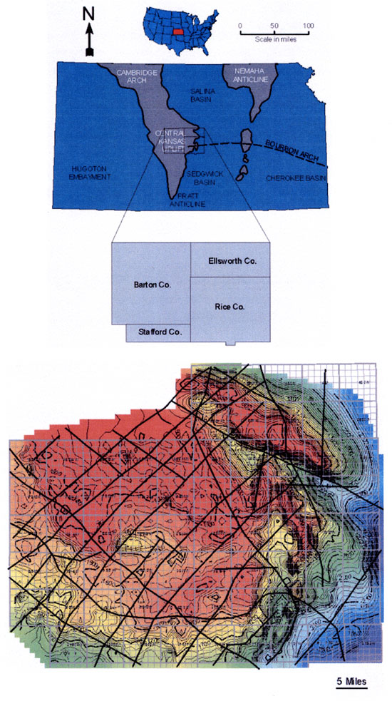 Colored Arbuckle structure map of parts of Barton, Rice, Ellsworth, and Stafford counties; gravity and magnetics lineaments orient mostly SW-NE, fewer SE-NW.