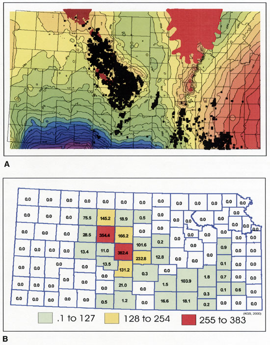 Two Kansas maps, one shows concentration of wells in Central Kansas Uplift.  Other shows Barton and Ellis counties are top Arbuckle producers.