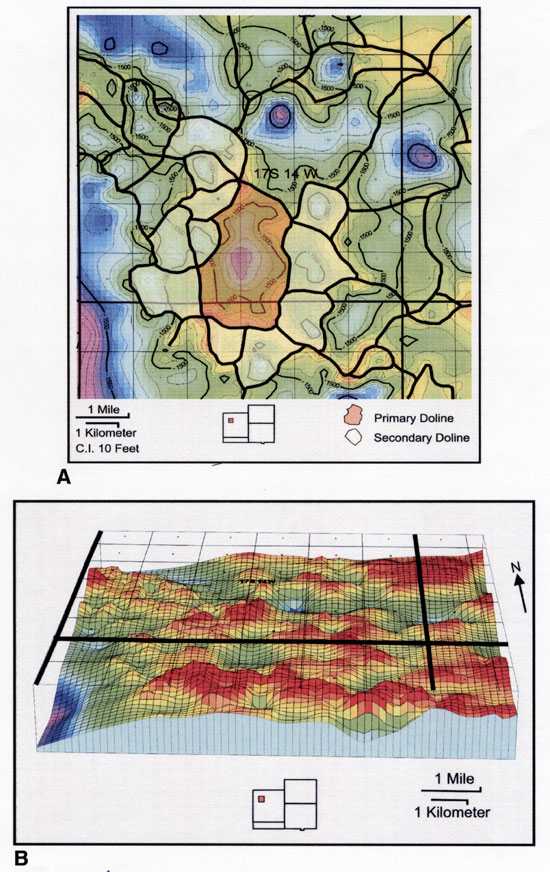 Both map and 3-D view show karst terrain.
