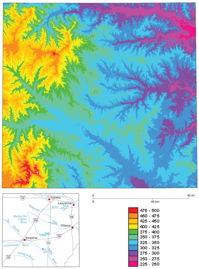 Highest topography is 500 m abovee sea level in SW corner of area; lowest is 225 in NE corner; elevation shown by colored bands.