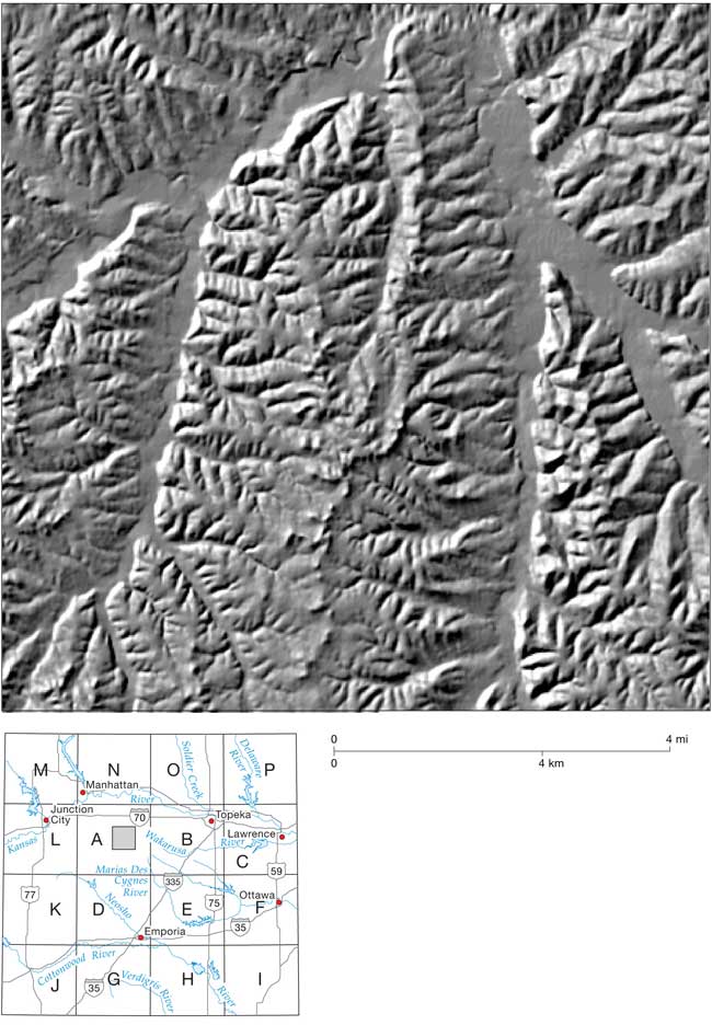 Close up of shaded relief map, area in Block A, halfway between Junction City and Topeka.