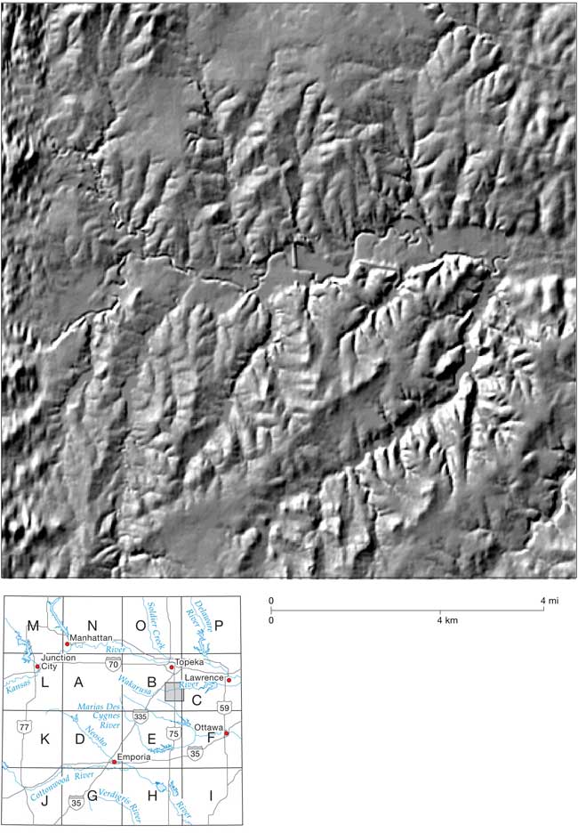 Close up of shaded relief map, area in Block B, South of Topeka and west of Clinton Lake on Wakarusa River.