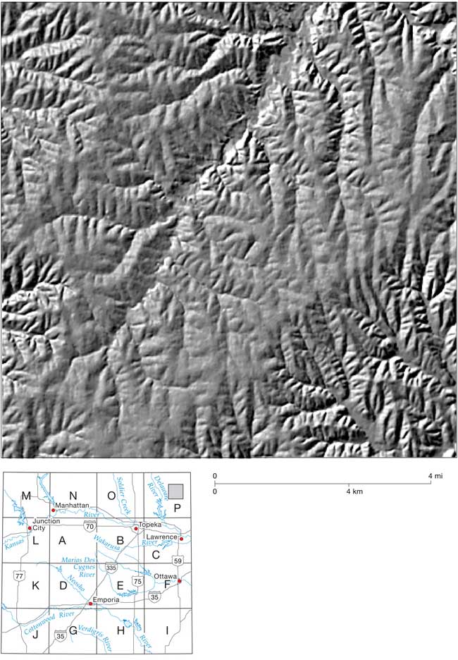 Close up of shaded relief map, area in Block P, East of Delaware River and Perry Lake.