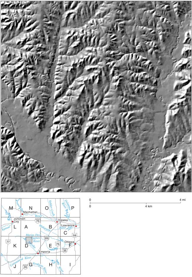 Close up of shaded relief map, area in Block D, on Neosho River and John Redmond Reservoir.