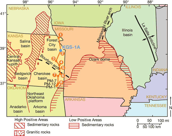 Four wells sampled in a section from Leavenworth County south to NW Cherokee County; cross section from far NE corner of Kansas to southern Cherokee County.
