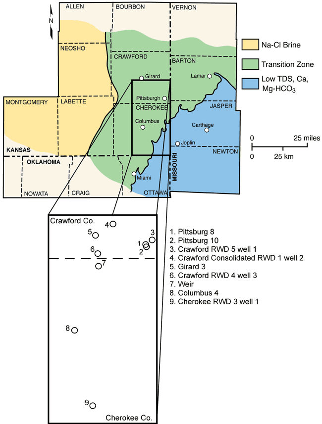 Map of SE Kansas, SW Missouri, and NE Oklahoma; Na-Cl brine to west (Neosho, Labette, Montgomery); low TDS in east (Jasper and Newton MO, Ottawa OK); transition zone between.