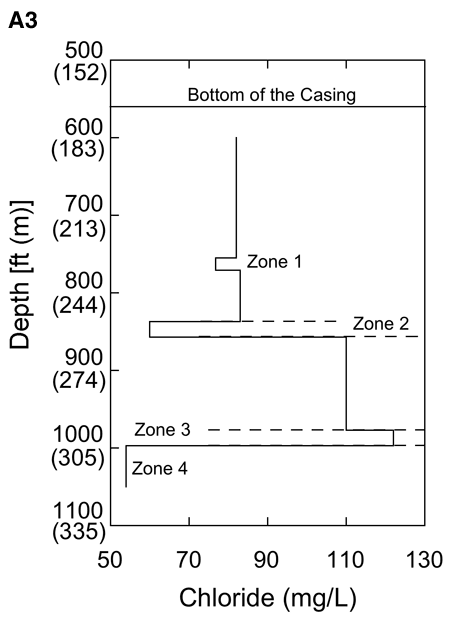 Depth vs. Chloride; chloride lower in Zone 2; rises in area between zones 3 and 3; lowest in Zone 4.