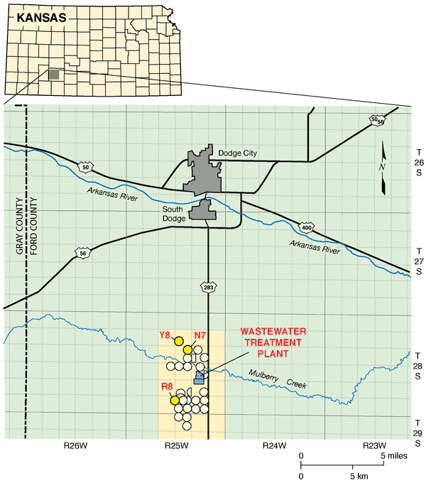 Study sites are located south of Dodge City in Ford Couunty; sites are near wastewater treatment plant on either side of Mulberry Creek.
