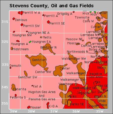 map of Stevens County with oil and gas fields shown