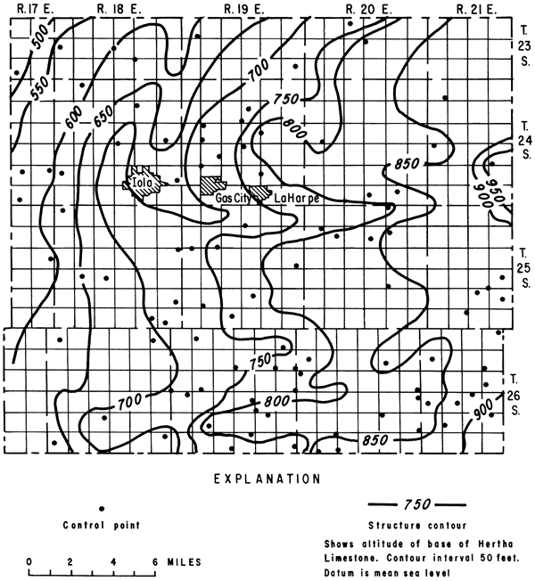 Base of Hertha Limestone at 500 feet above sea level in NW; rises to 900 in SE and 950 in east-central.
