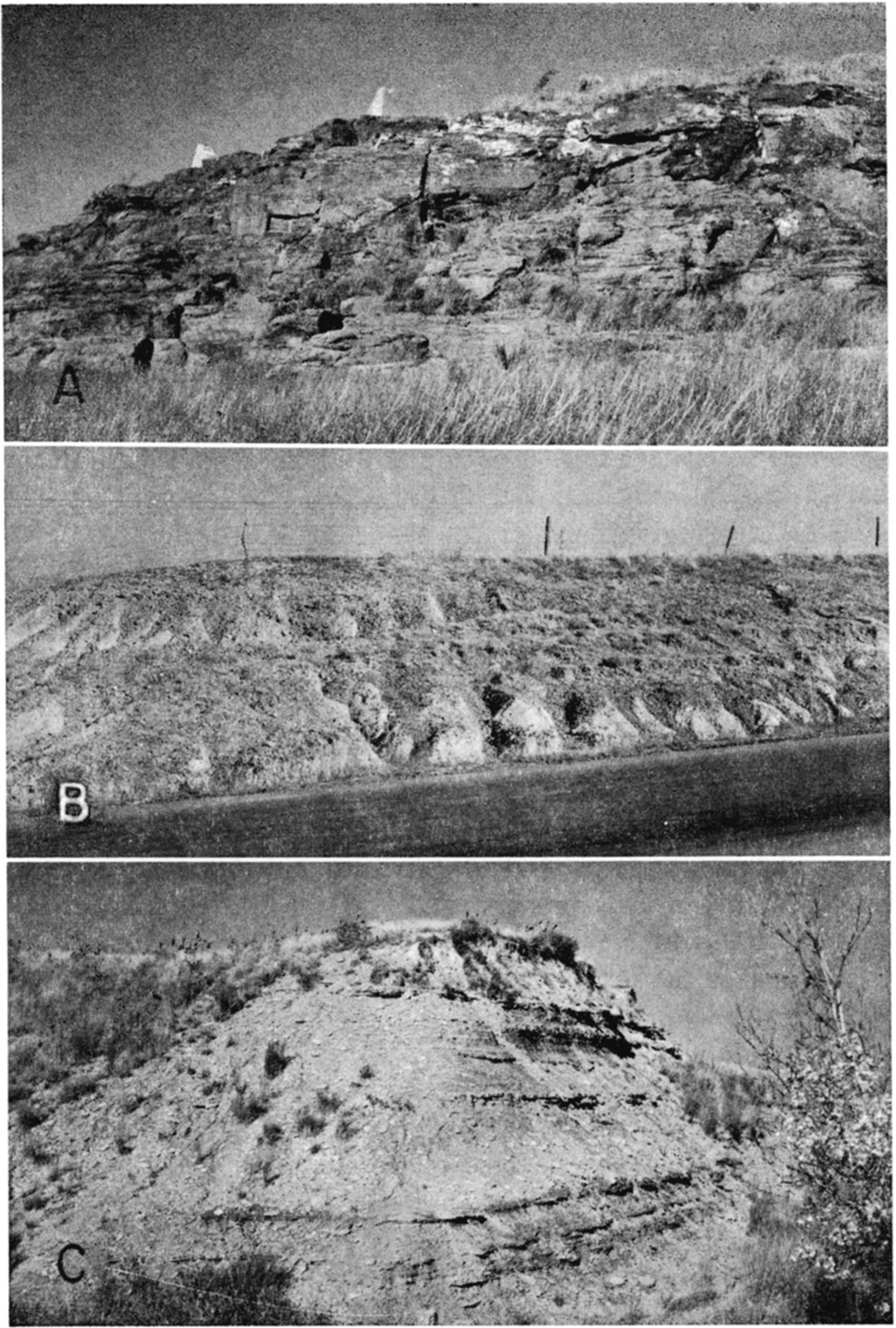Three black and white photos; Sandstone of the Dakota formation above Pawnee Rock; Clay and thin beds of sandstone and ironstone of the Dakota formation; Graneros shale, south bluff of the Smoky Hill Valley.