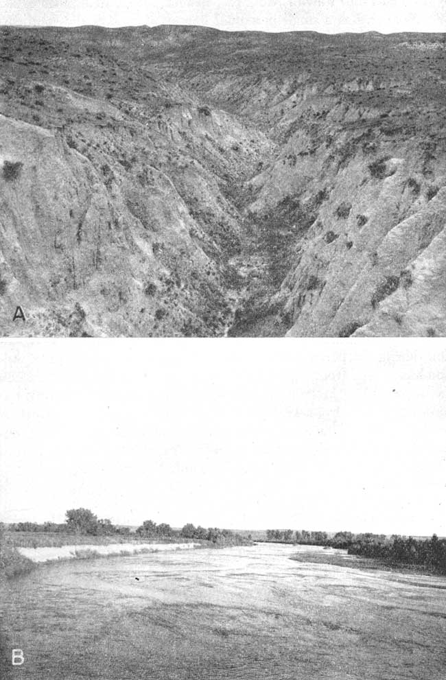 Two black and white photos; top is steeply eroded aroryo; bottom is water-filled stream bed, very little relief outside of river with low trees and shrubs.