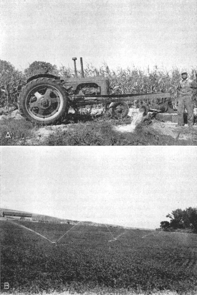 Two black and white photos; top one show an irrigation well driven by a tractor, water flowing onto ground; bottom photo shows ground sprinklers in alfalfa field.