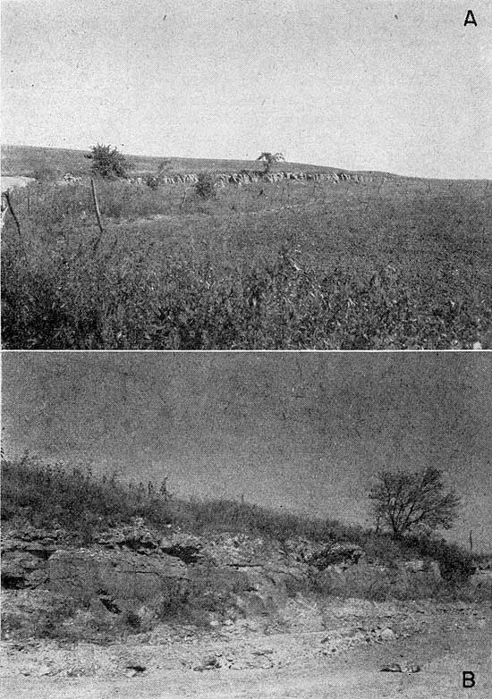 Two black and white photos; top shows resistant outcrop at far side of prairie; bottom shows blocky outcrop in roadcut.
