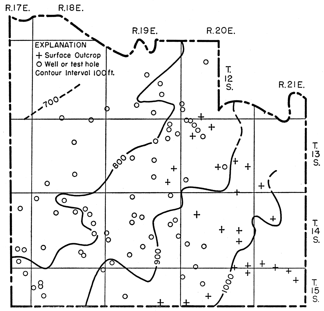 Structure contours on top of Haskell Limestone member of Stranger Formation; dip is to the northeast, outcrops are in the east half.