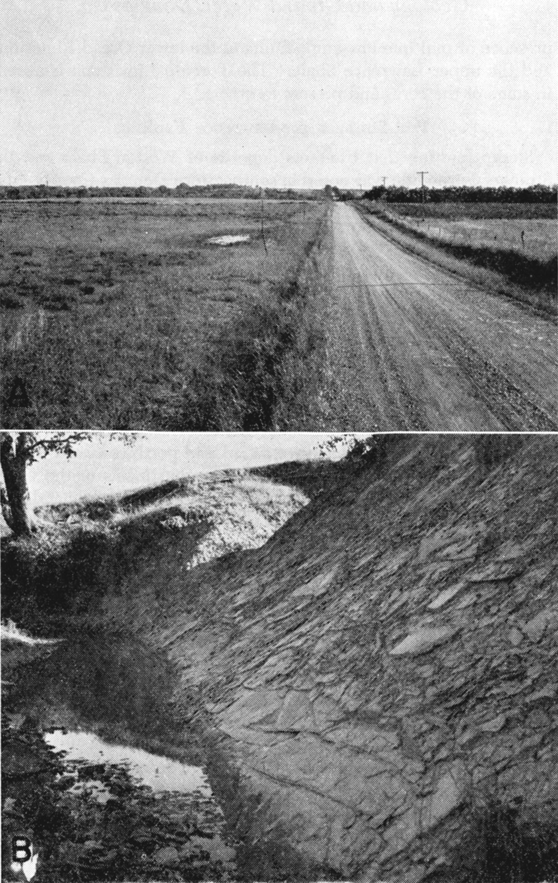 Two black and white photos; upper is of nearly circular small water-filled sinkhole developed in Plattsmouth Limestone member of the Oread Limestone along Worden fault; lower is of shale beds dipping 35 deg. E. in post-Stranger pre-Ireland fault block adjacent to channel containing Ireland Sandstone member of Lawrence Shale.