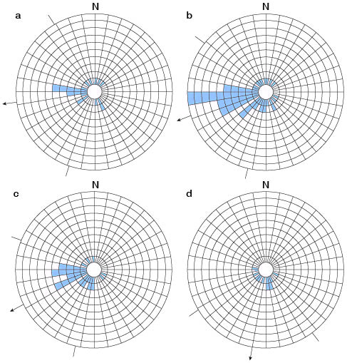 Four circular histograms.