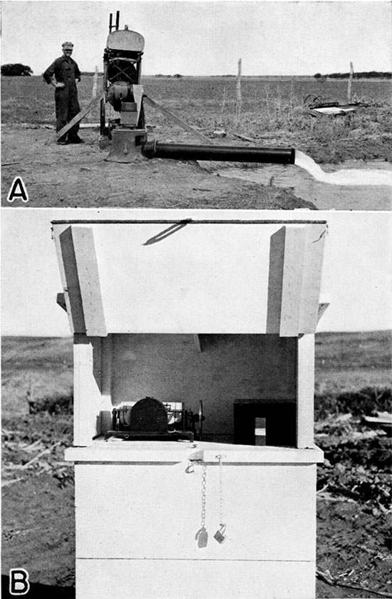 Two black and white photos; top is of irrigation well equipped with turbine pump driven by combine engine; lower is of automatic water-stage recorder on well 364 in the Arkansas valley.