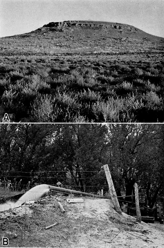 Two black and white photos; top is of Turtle back, a prominent feature on the south side of Sawlog creek in northern Ford County; lower is of Typical plant for pumping irrigation water from Sawlog creek.