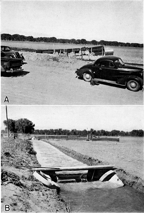 Two black and white photos; top is of irrigation well in field with two cars and a pickup nearby; lower is of water flowing through weir.