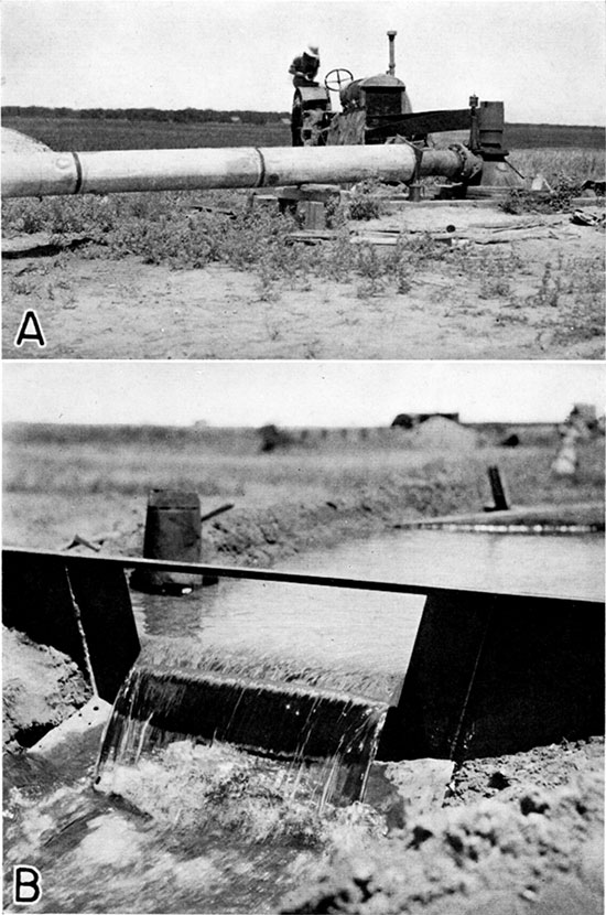 Two black and white photos; top is of deep-well turbine pump on well 417; lower is of water flowing through weir during test.