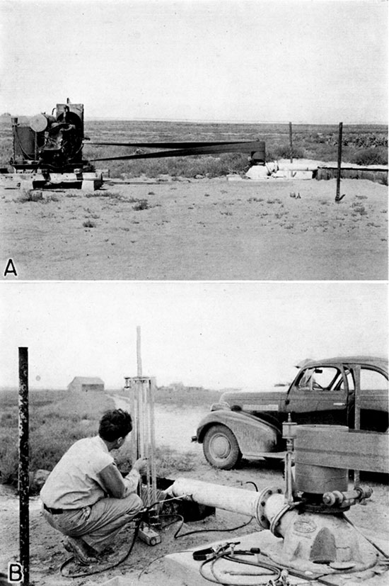 Two black and white photos; top is of upland irrigation well (403) equipped with a turbine pump; lower is of measuring discharge using Collins flow gauge.