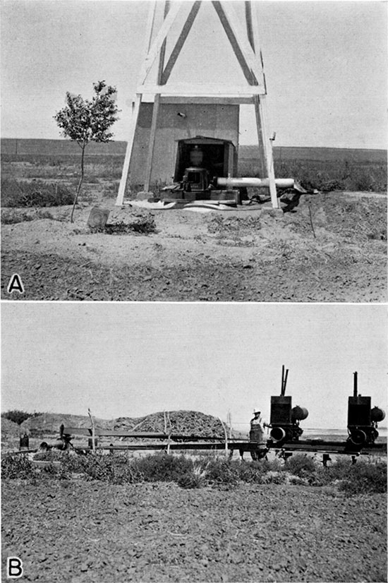 Two black and white photos; top is of upland irrigation well (485) equipped with a turbine pump; lower is of turbine pump on well 435, driven by two combine engines.