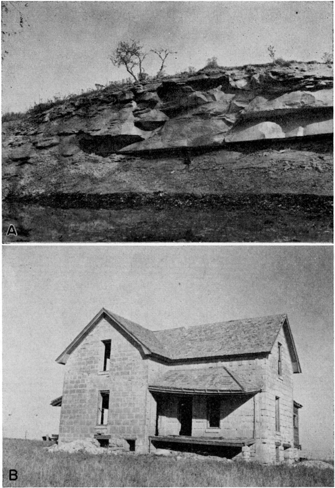 Two black and white photos; top is of sharply blocky rocks above finer grained shale; bottom is of two-story house made of limestone.