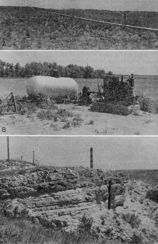 Three black and white photos; top two show irrigation system used in allfalfa field; bottom is of tilted chalk belds in outcrop, barb-wire fence crosses beds.