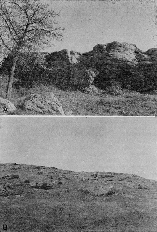 Two black and white photos; top is of outcrop of rounded, resistant Ogallala; bottom is of blocky boulders on grassy hillside.