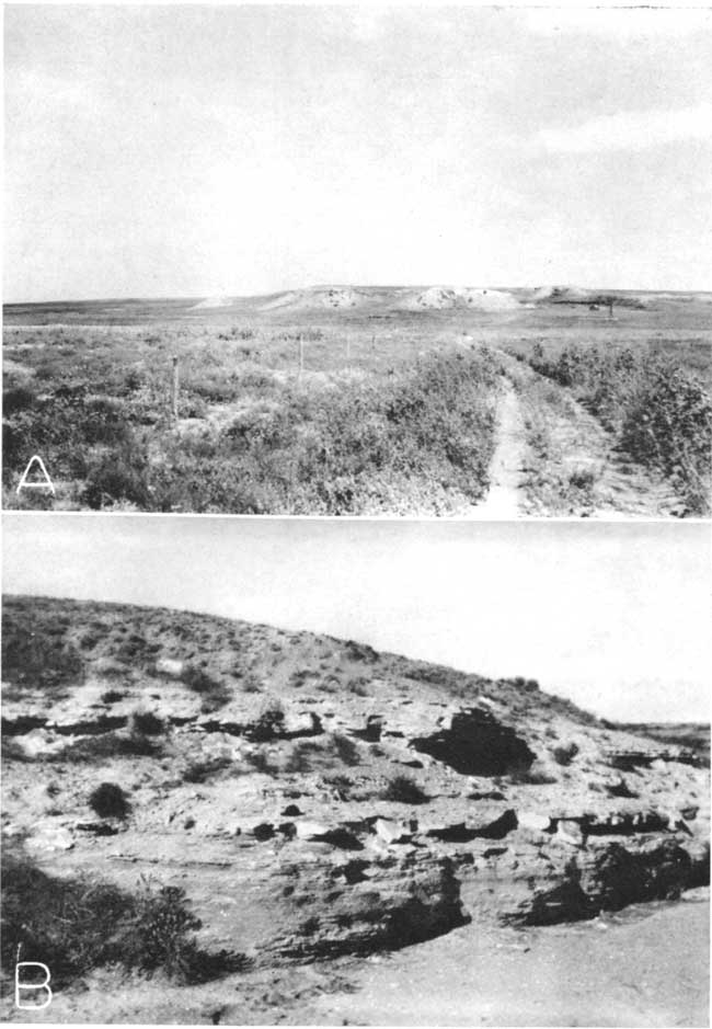 Two black and white photos; top photo is view of flat grassy plain with gentle blufffs in background; bottom photo is of rough, rocky outcrop of resistent beds, gentle hill above.