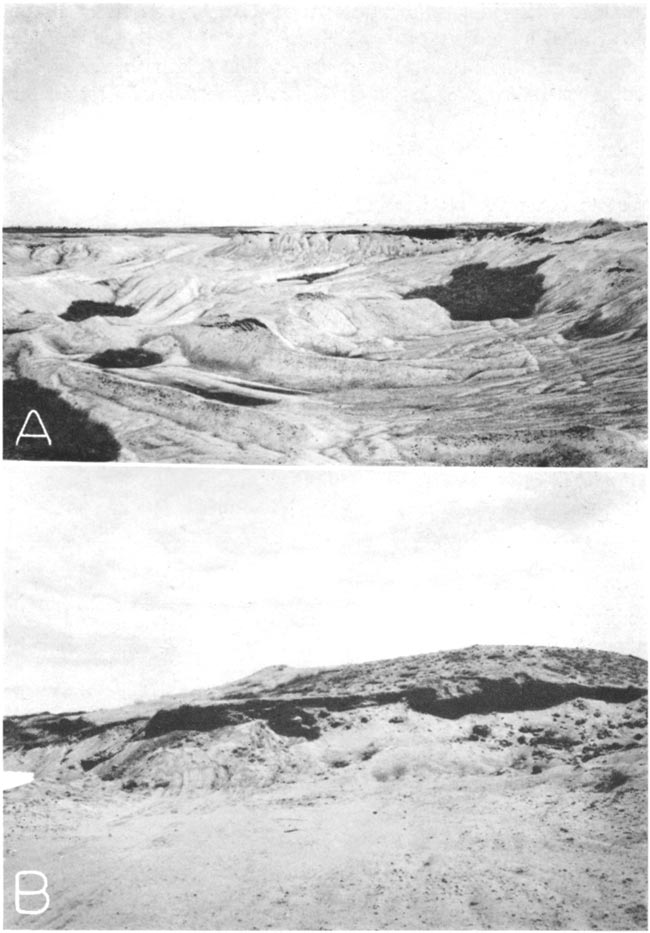 Two black and white photos; top photo is of quarry with smooth sides to hills; bottom photo is large hill, steep sides with flat base.