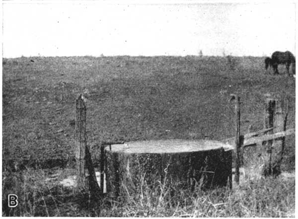 Black and white photo; water tank filled by pipe somehow connected to spring, horse on gentle slope in background.