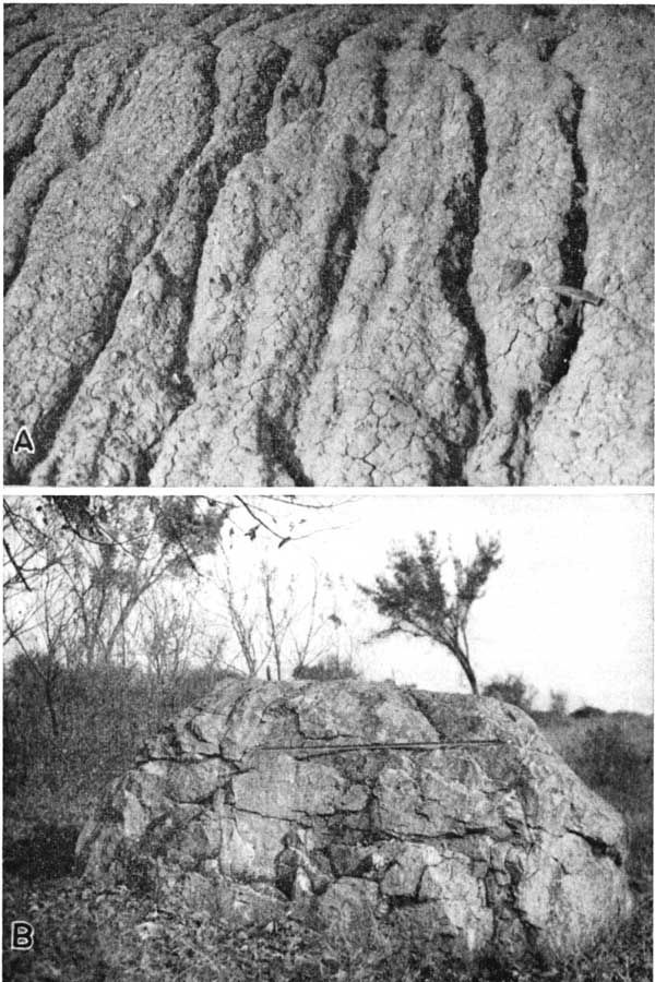 Black and white photos; top photo shows easily eroded till in road cut; bottom photo is a large bulder left by retreating glacier.
