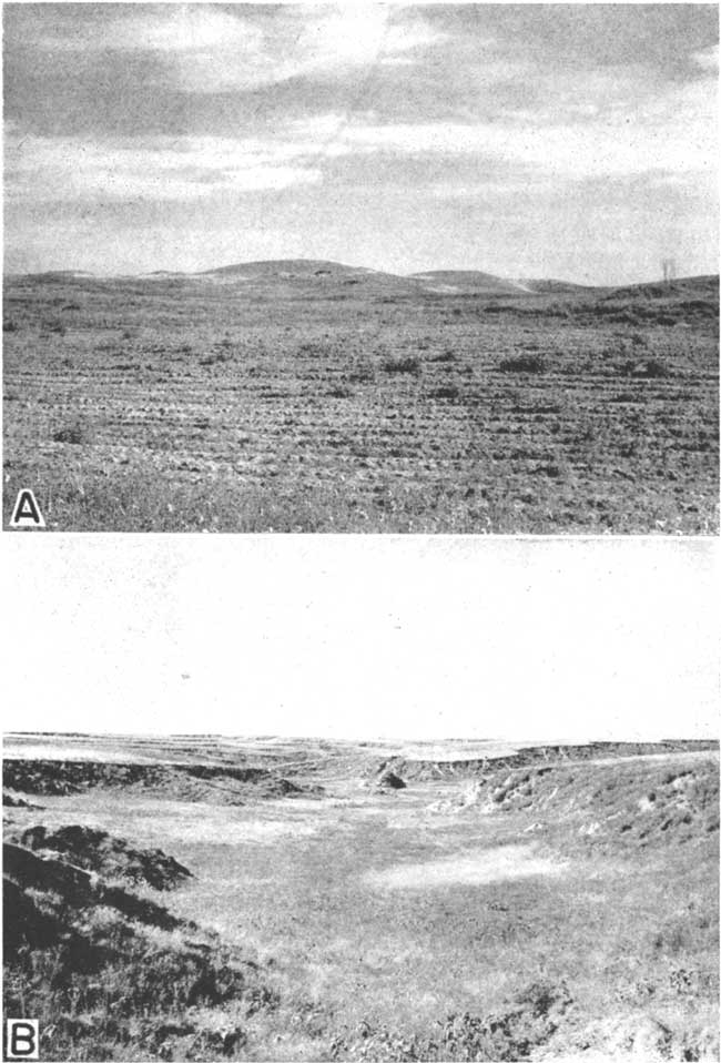 Gentle sand hills in background of upper photo, cultivated field in foreground; sharp, eroded sides of hills surrounding small valley.
