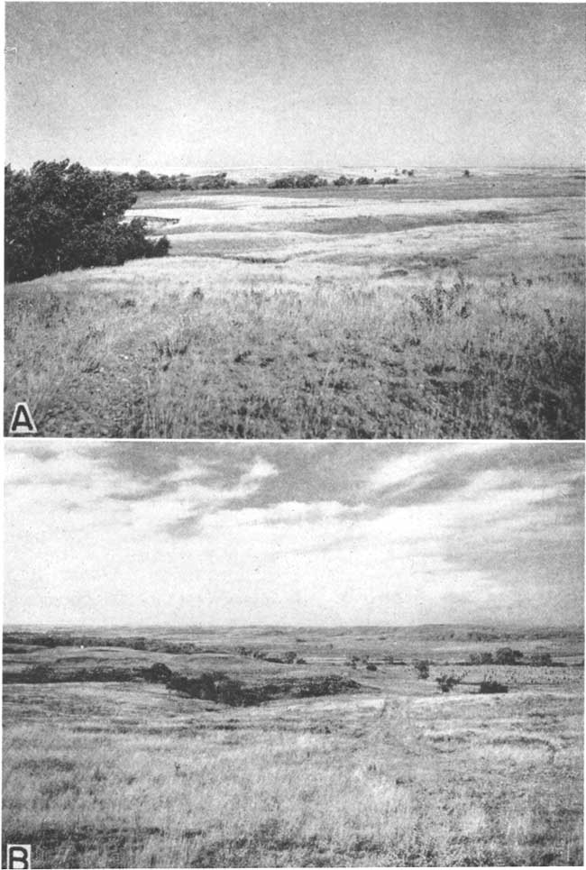 Two black and white photos show very gentle hills, small trees in drainage ways.