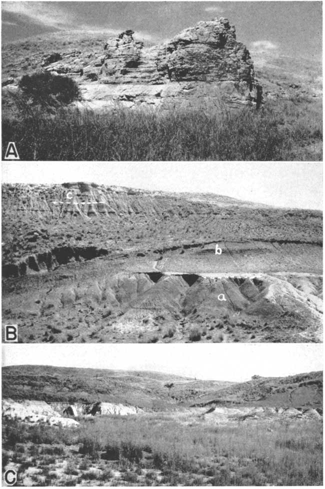 Three black and white photos; top is of pointed ledge of sandstone, several tens of feet high; middle is of hillside showing three very different erosion styles; bottom photo is of small grass-covered arroyo, eroded edges.