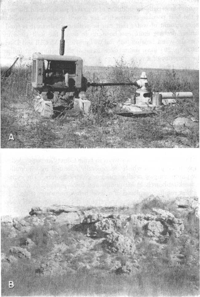 Top photo of well and engine; bottom photo is of Ogallala outcrop, rounded and eroded boulders on small hillside.