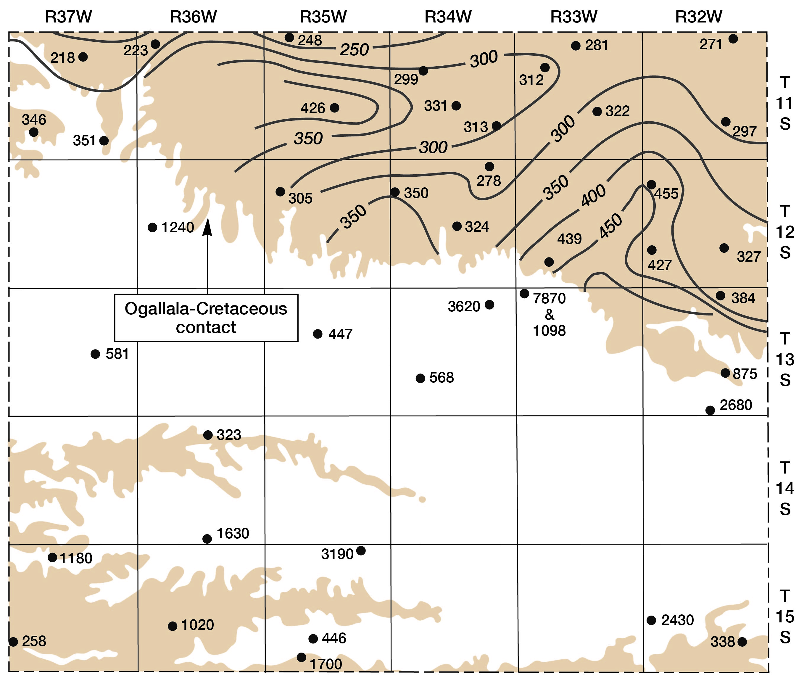 Contours of dissolved solids have ranges of 200 in NW to 450 in east-central; slope tends to increas towards contact of Ogalla with Cretaceous.