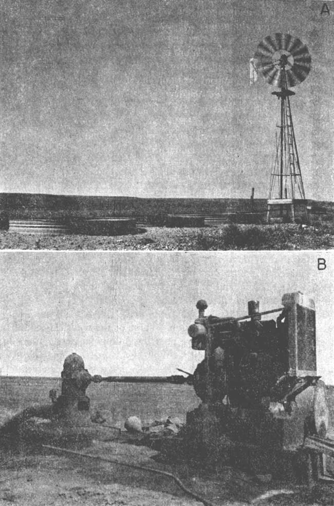 Two black and white photos; top is of spinning windmill, pipe from well leads to first of three metal tanks; bottom photo is dome-shaped pump on well, pump connected to large diesel engine, outflow pipe from pump in background.